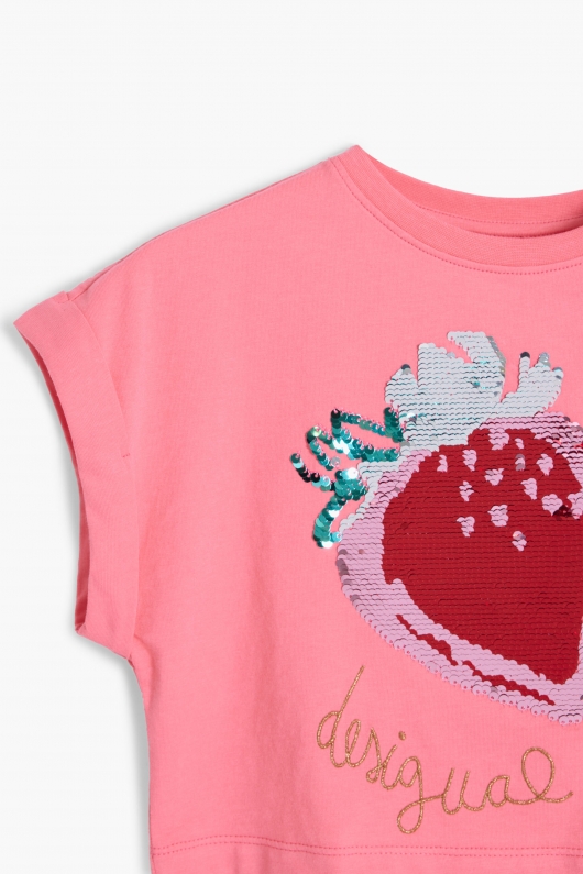 Tricou roz cropped cu paiete căpșună