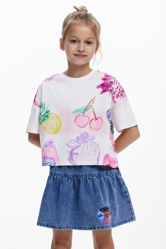 Tricou crop multicolor cu imprimeu artistic