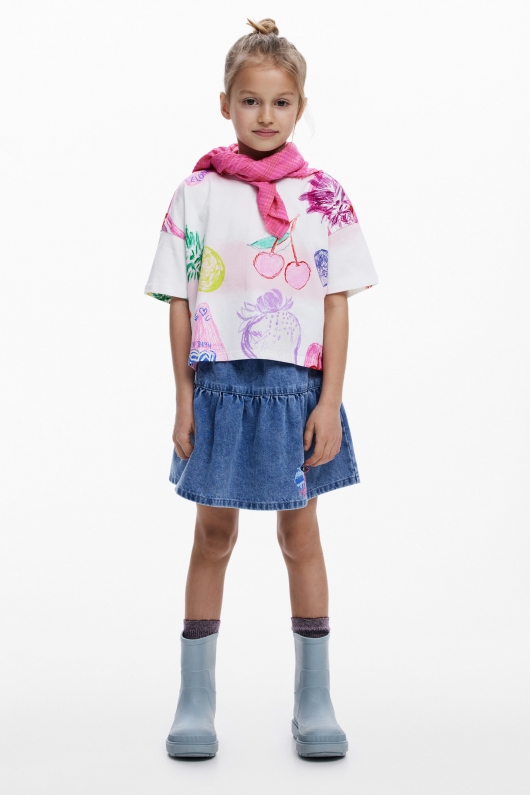 Tricou crop multicolor cu imprimeu artistic