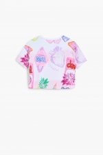 Tricou crop multicolor cu imprimeu artistic
