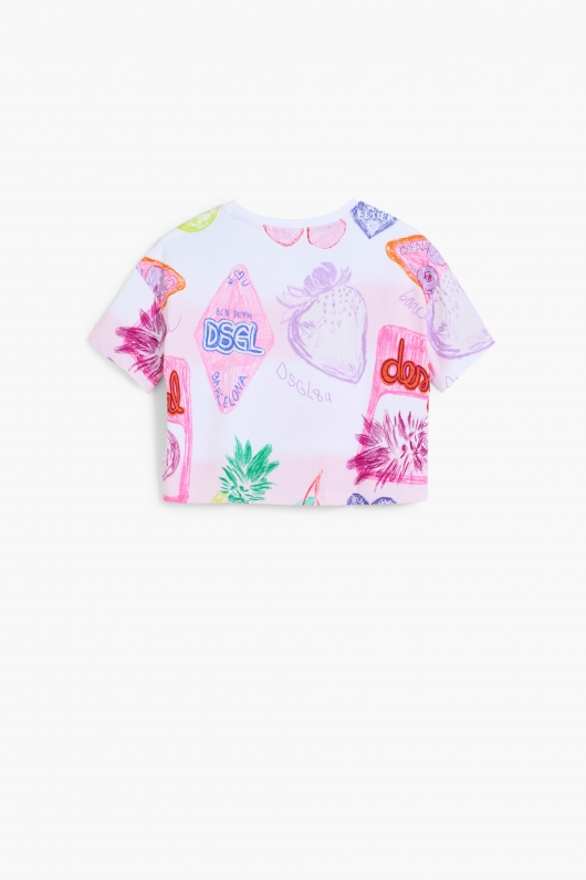 Tricou crop multicolor cu imprimeu artistic