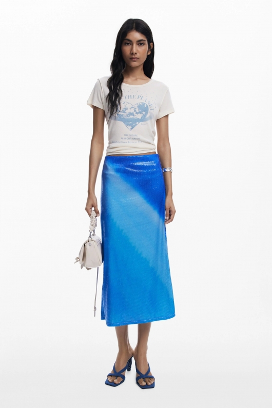 Fustă bleu midi cu paiete și imprimeu tie-dye