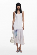 Rochie albă midi cu tiv asimetric floral