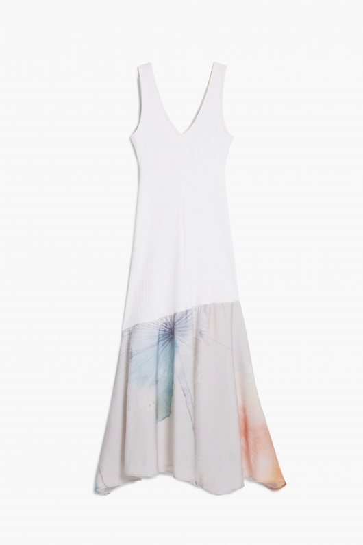 Rochie albă midi cu tiv asimetric floral