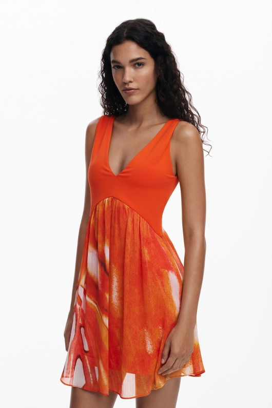 Rochie mini portocalie cu imprimeu etnic