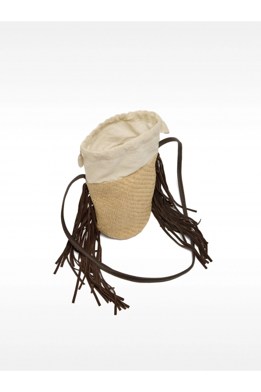 Geantă bucket bej din rafie cu franjuri