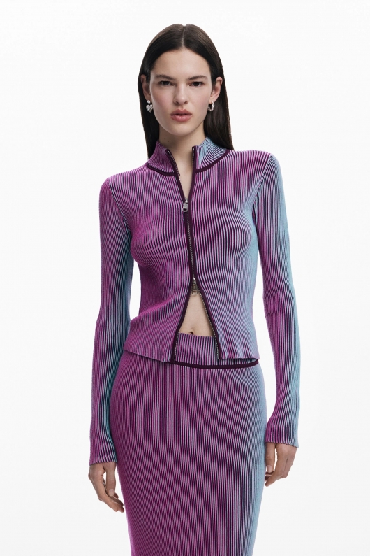 Cardigan cu dungi iridescente și fermoar