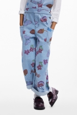 Salopetă denim multicolor cu imprimeuri fructe
