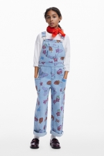 Salopetă denim multicolor cu imprimeuri fructe