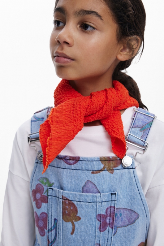 Salopetă denim multicolor cu imprimeuri fructe