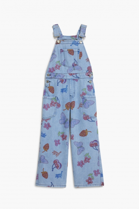 Salopetă denim multicolor cu imprimeuri fructe