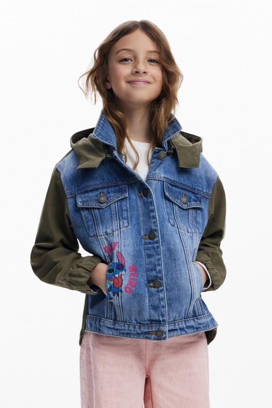 Jachetă parka denim albastră cu glugă Stitch™