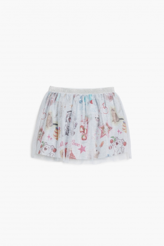 Fustă gri scurtă cu imprimeu și tulle
