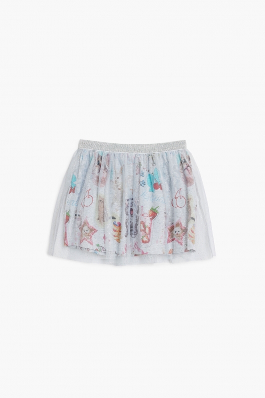 Fustă gri scurtă cu imprimeu și tulle