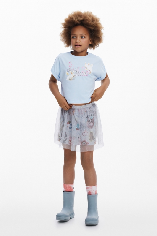 Tricou bleu cropped cu imprimeu iepuraș