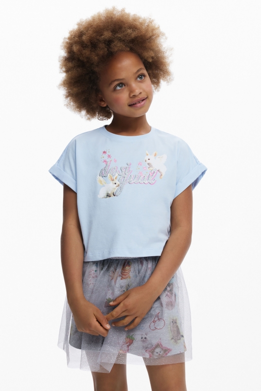 Tricou bleu cropped cu imprimeu iepuraș