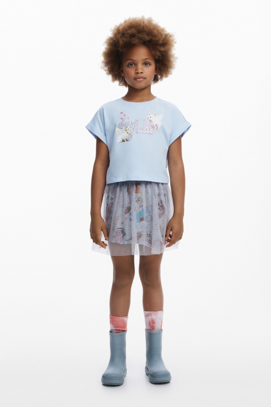 Tricou bleu cropped cu imprimeu iepuraș