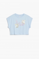 Tricou bleu cropped cu imprimeu iepuraș