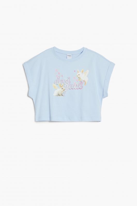 Tricou bleu cropped cu imprimeu iepuraș