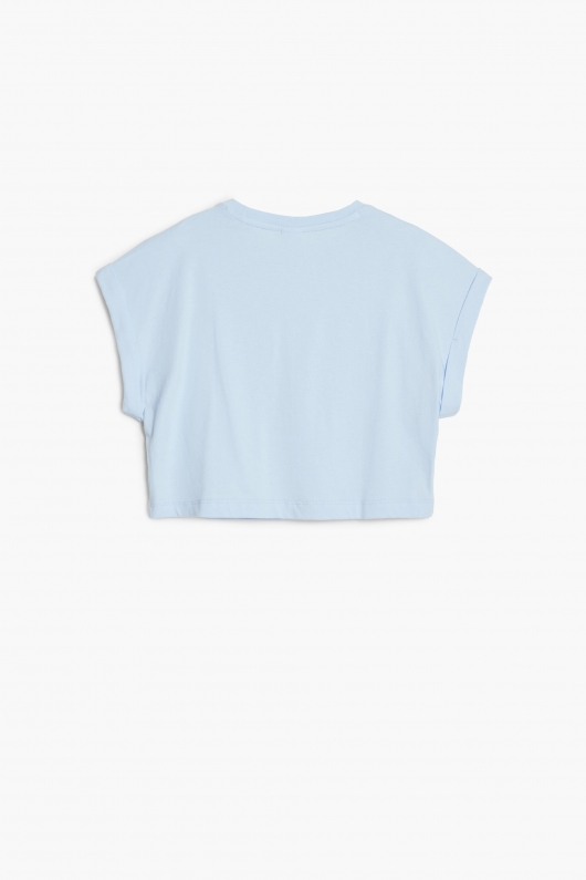 Tricou bleu cropped cu imprimeu iepuraș