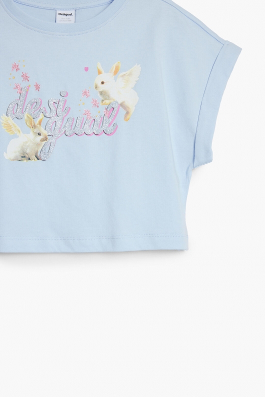 Tricou bleu cropped cu imprimeu iepuraș