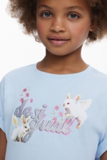 Tricou bleu cropped cu imprimeu iepuraș