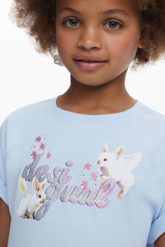 Tricou bleu cropped cu imprimeu iepuraș