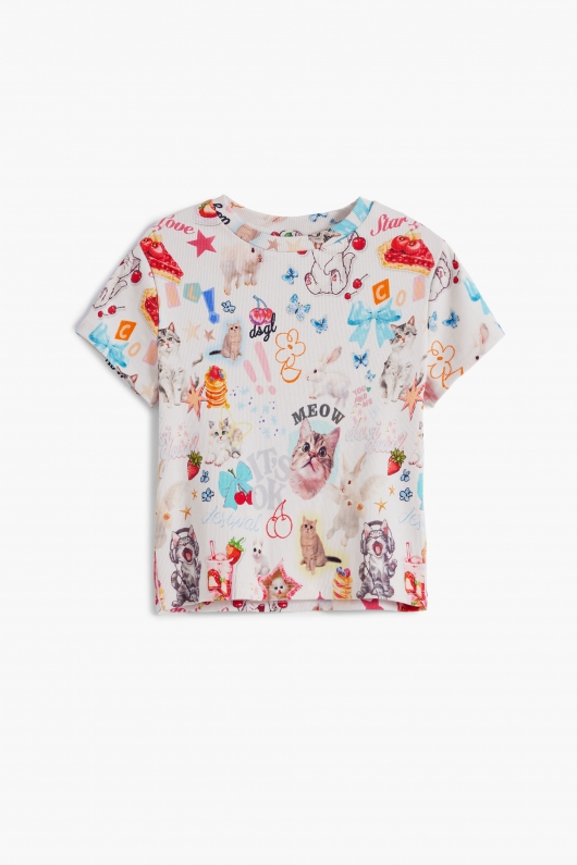 Tricou alb cu print artistic pisici
