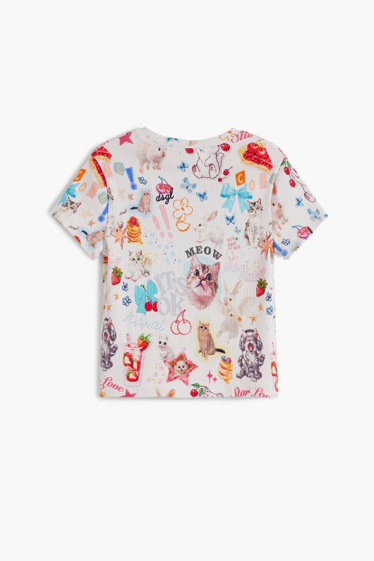 Tricou alb cu print artistic pisici