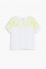 Tricou alb cu logo și flori fluorescente