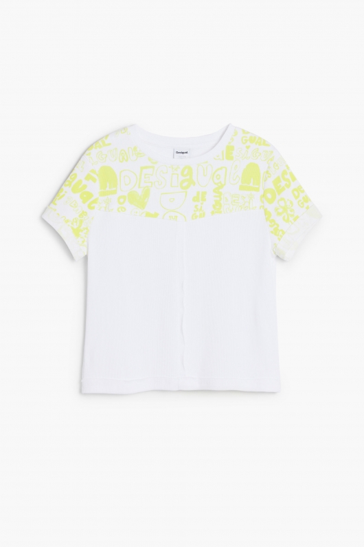 Tricou alb cu logo și flori fluorescente