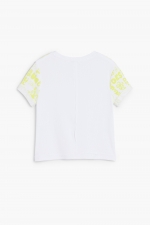 Tricou alb cu logo și flori fluorescente