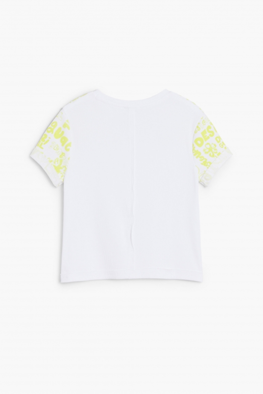 Tricou alb cu logo și flori fluorescente