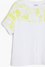 Tricou alb cu logo și flori fluorescente