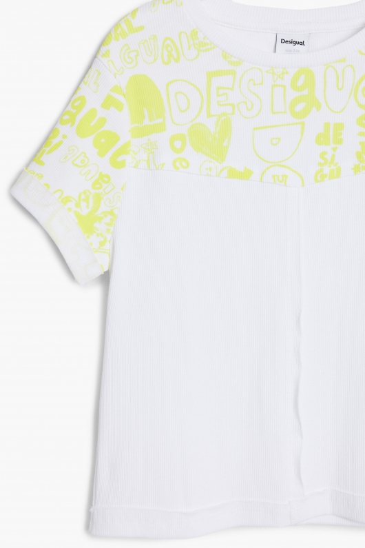 Tricou alb cu logo și flori fluorescente