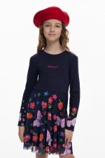 Rochie bleumarin cu imprimeu floral și tulle