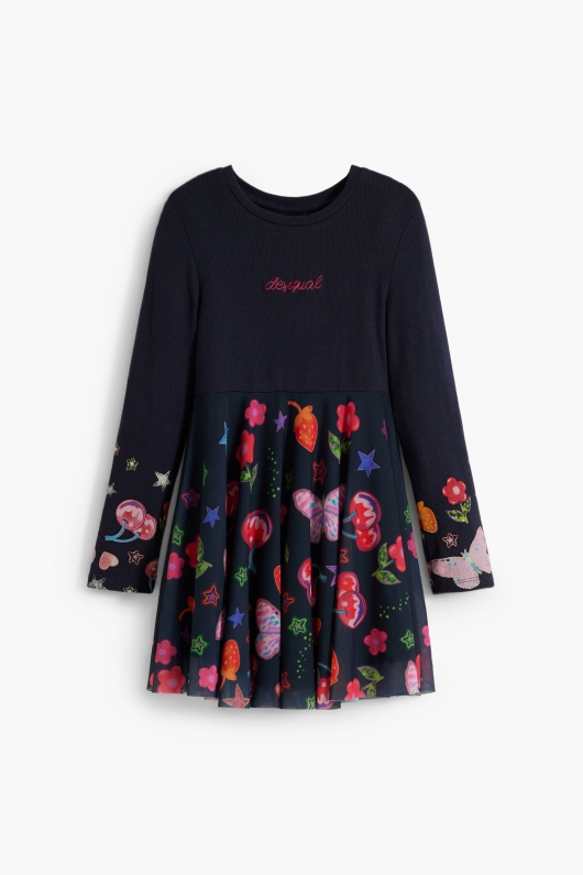 Rochie bleumarin cu imprimeu floral și tulle