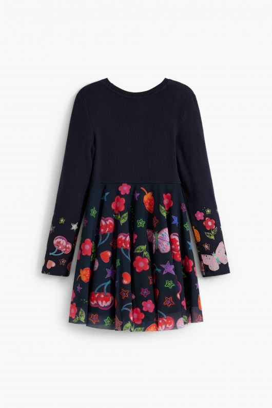 Rochie bleumarin cu imprimeu floral și tulle