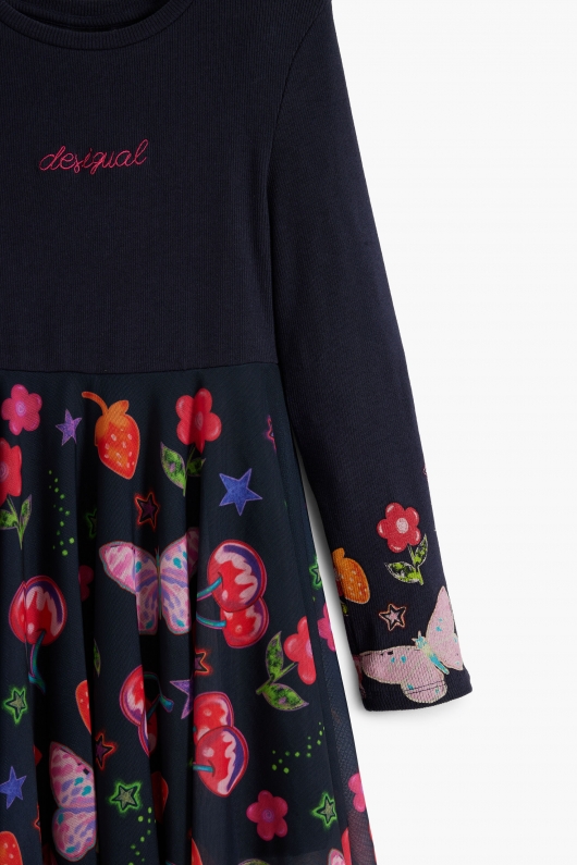 Rochie bleumarin cu imprimeu floral și tulle