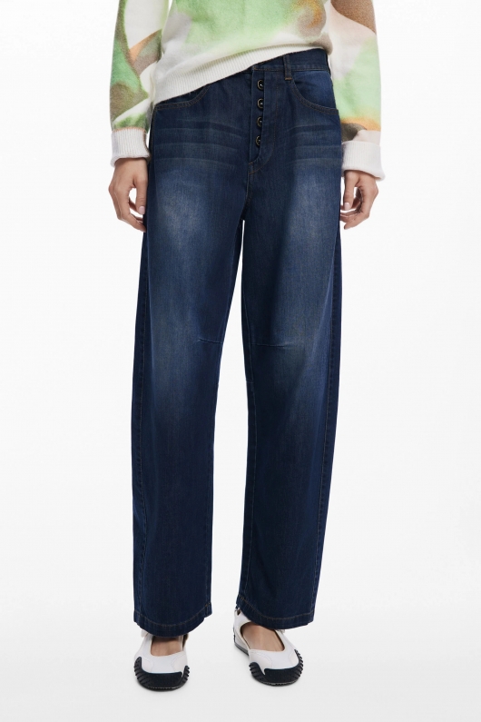 Pantaloni denim albastru cu croială balon