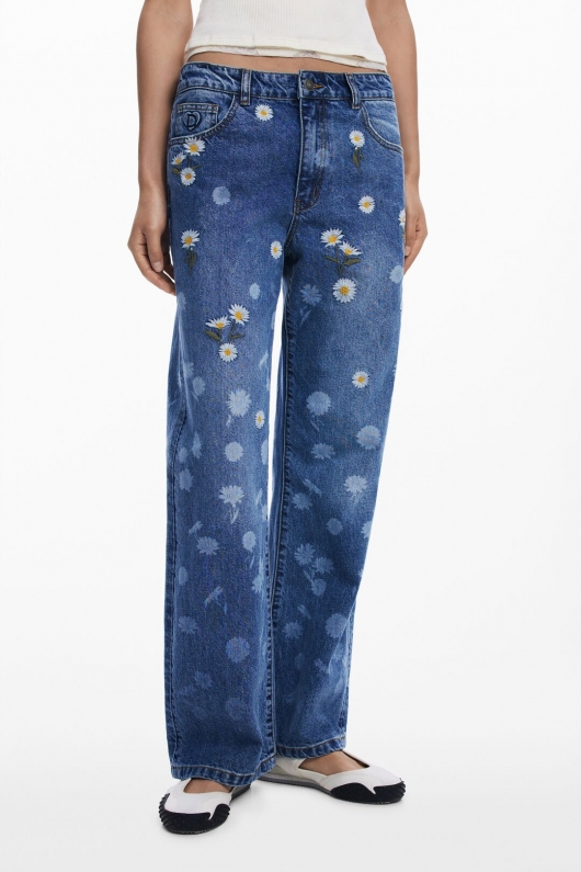 Pantaloni denim albastru cu broderie florală