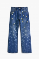 Pantaloni denim albastru cu broderie florală