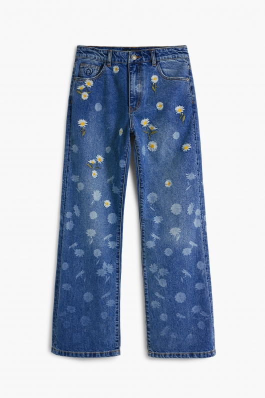 Pantaloni denim albastru cu broderie florală