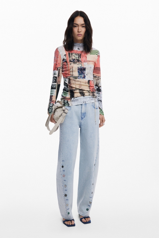 Pantaloni denim albastru cu nasturi decorativi