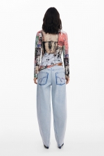 Pantaloni denim albastru cu nasturi decorativi