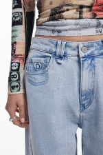 Pantaloni denim albastru cu nasturi decorativi