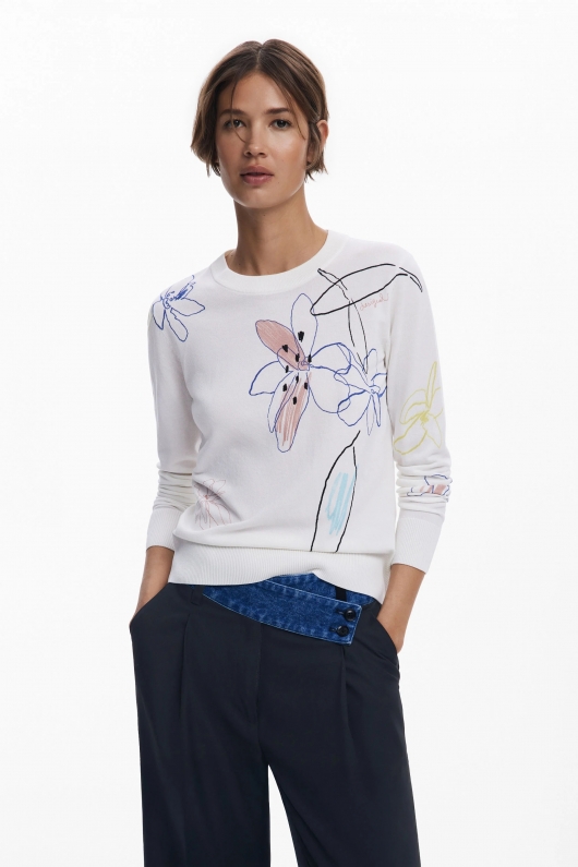 Pulover crem cu imprimeu floral casual