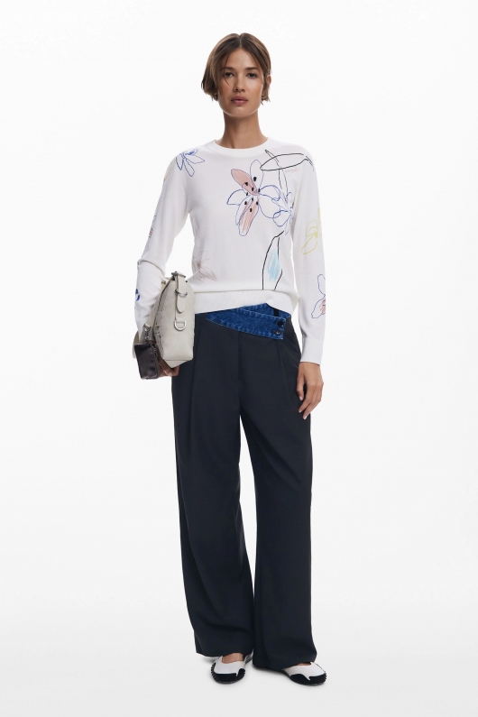 Pulover crem cu imprimeu floral casual