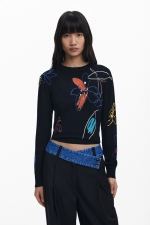Pulover negru casual cu imprimeu floral