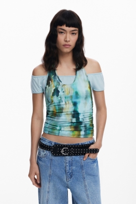 Top verde tie-dye cu decolteu halter